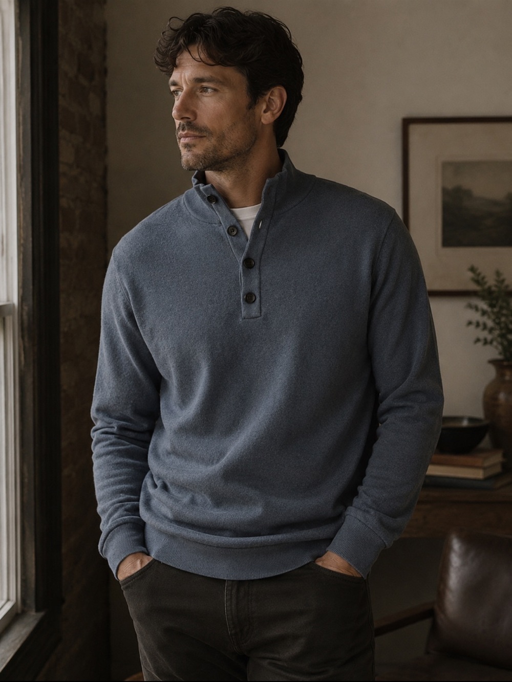 Banana Republic Silk Cashmere Mock Neck Henley Sweater XL Blue Pullover